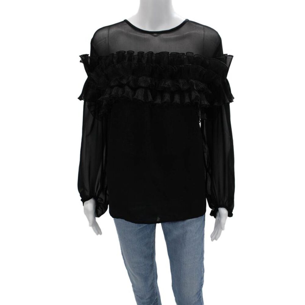 Samuel Dong Women Gothic Black Round Neck Long Sleeve Blouse Polyester Size M